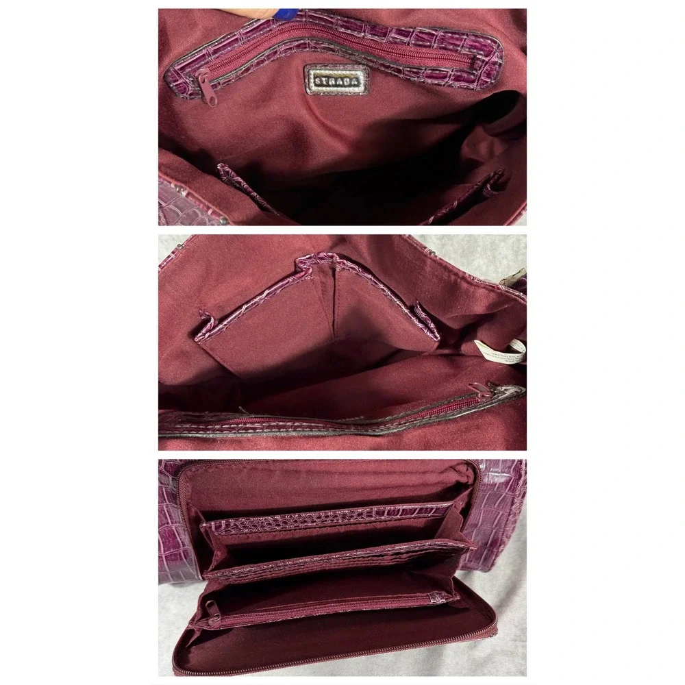 Vtg Y2K Strada Satchel Handbag Maroon Crocodile Shoulder‎ Bag Pocket Organizer